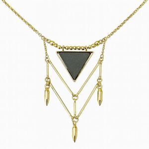 Gold Tone Metal Charcoal Black Glass Stone Triangle Pendant Necklace 26" - 28"